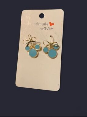 Gold Bow Drop Earrings with Turquoise Enamel Circles